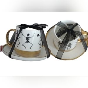 Elegance White+ Gold + Black Whimsical Skeletons Posing Coffee Tea Cups + Sauce…
